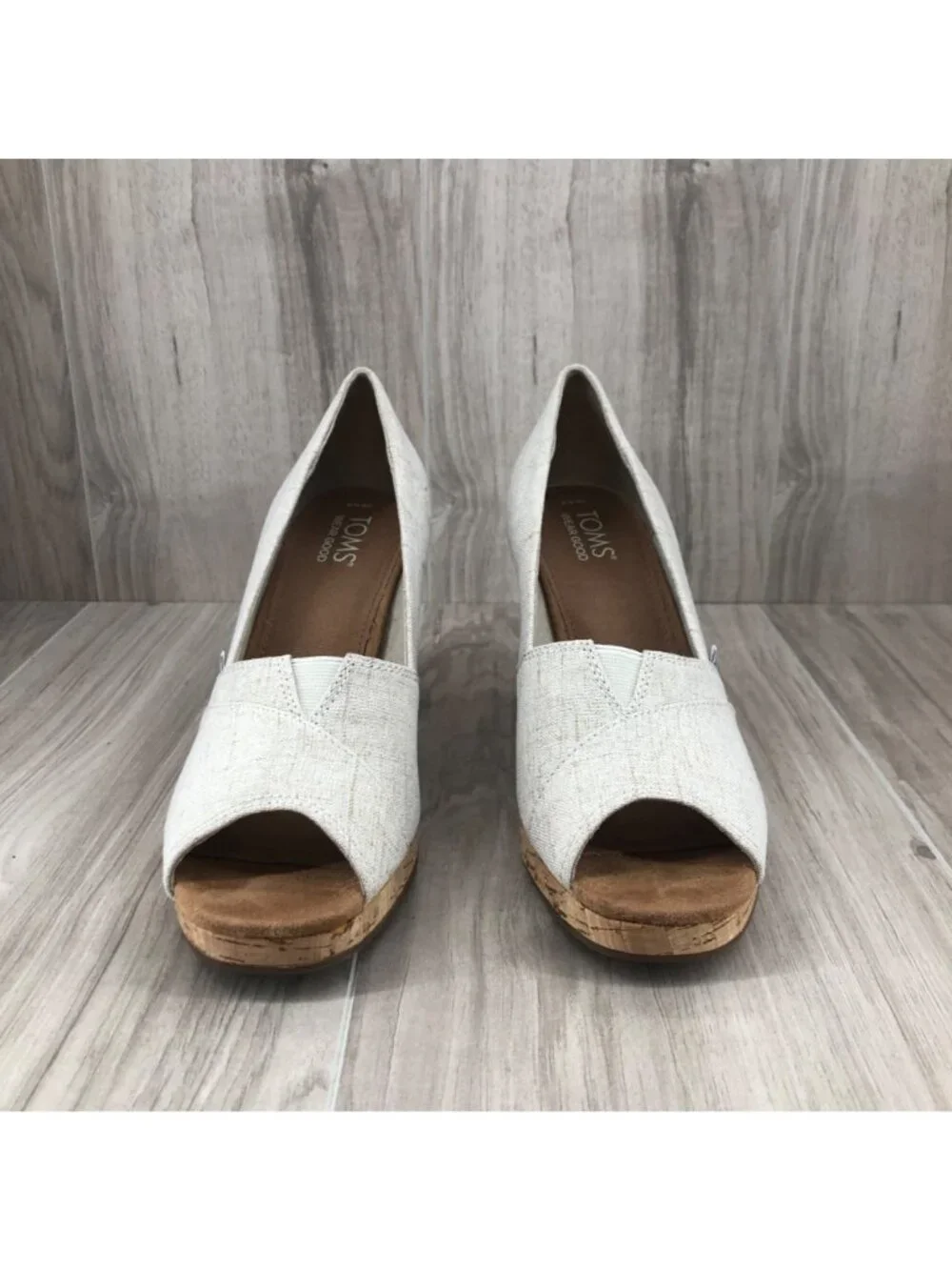 Toms Wedges Womens 8 Tan Slip On Peep Toe Cork Wedge Shoes